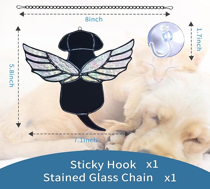 Stained Glass Rainbow Wing Angel Dog Memorial Gift for Loss of Dog Bereavement (Black)