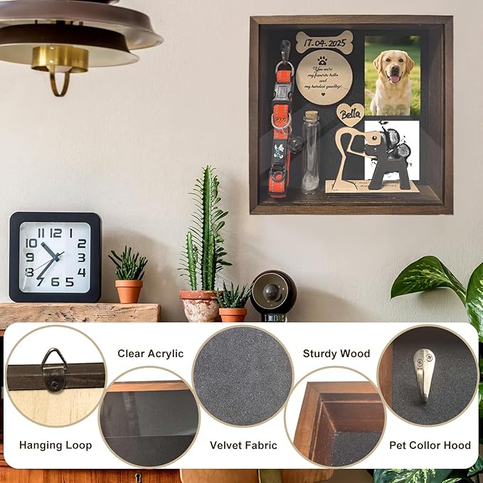 8.6'' Pet Memorial Shadow Box for Dogs, Dog Memorial Picture Frame Loss Pet Sympathy Gift Animal Remembrance Keepsake with Collar Holder Paw Print Kit Fur Jar for Tabletop Wall Hanging Customized-Dog