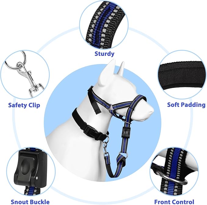 BARKLESS Soft Dog Head Collar, Patented Padded No Pull Head Halter, Training Nose Leash with Safety Link for Medium Large Dogs, Adjustable Muzzle Leash, Easy Control for Walking(Blue, XL)