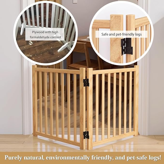 Wood Freestanding Dog Gates, Paint-Free Nature Wood Pet Gate Indoor, Puppy Gate for Doorways, Stairs, 23" Height, 2 Panels-2Pcs