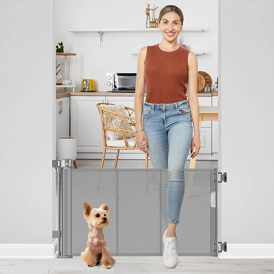 Short Dog Gate 0"-39" Wide Narrow Baby Gate 24” Tall Retractable Short Baby Gate to Step Over Short Pet Gate for Stairs and Doorways Small Dog Gate Doggie Gates Puppy for The House, Gray
