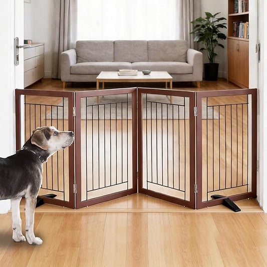 ZJSF Freestanding Dog Gate Indoor, Foldable Dog Fence for Doorways,Hallways or Stairs, Sturdy Wood Extra Wide Pet Gate with Support Feet,Brown,32 "Height-4 Panels