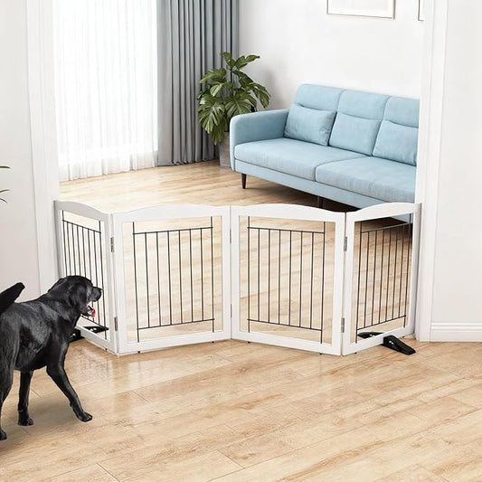 Dog Fence Indoor,Dog Gate Indoor for Doorway pet gate -4-Panel Freestanding, Hallways, House or Stairs -80x24-Inch Retractable Foldable Expandable Wood Pet by SFJC (White)
