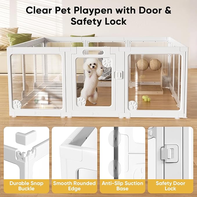 Clear Acrylic Dog Play Pen Indoors 24", 10 Panels Transparent Puppy Playpen with Door for Small Dogs Puppies, Modular Plastic Pet Playpen Cage Fence Crate for Cat Kitten Rabbit, White