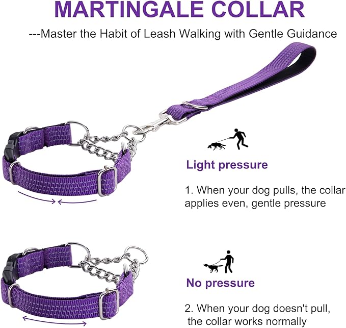 Martingale Collars,Reflective Dog Collar,Side Release Buckle,Adjustable Chain Training Pet Collars (Black, L,Neck 15"-27")