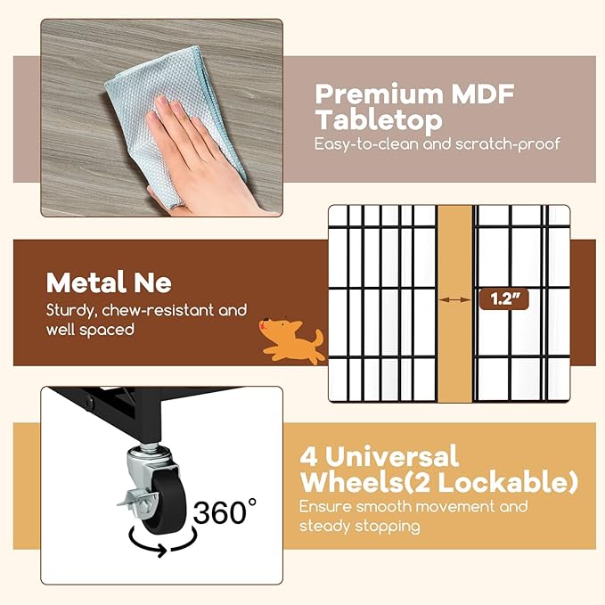 PETSITE Portable Dog Crate Furniture, 38 Inch Wooden Dog Kennel Side Table with Flip-up Top, 3 Lockable Doors and Removable Tray, Ideal for Small to Medium Dogs (Grey)