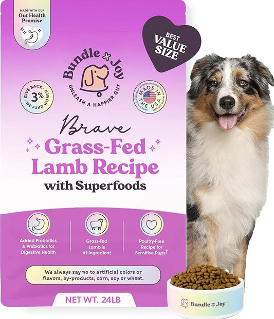 Bundle x Joy Brave Probiotic Dog Food Dry, Lamb, 24lb Bag, Allergy and Gut-Friendly Adult Kibble for Digestive Health with Grass-Fed Lamb, 20 Plant Based Superfoods, Poultry and Grain Free