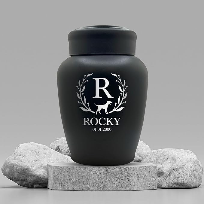 Personalized Custom Dog Urn Engraved Dog Name and Date - Stainless Steel Large Cremation urns for Dogs Ashes with Airtight Closure | up to 150 lbs Capacity | Flower Border