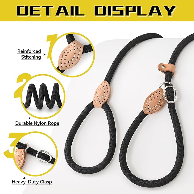 Mile High Life Slip Lead Dog Leash - 4FT, 5FT, 6FT Heavy Duty Rope Leash for No Pull Training, Durable Braided Dog Lead with Leather Stopper & Tip for Medium Large Dogs