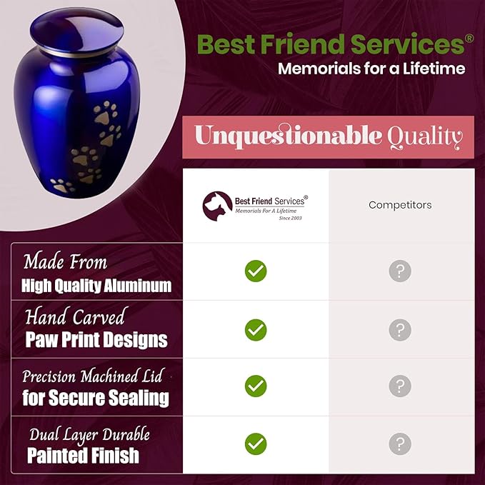 Ottillie Paws Legacy Series Pet Urn for Dogs, Handmade Aluminum Memorial Cremation Urn (Large - Pets up to 115 lbs, Pure Blue, Vertical Pewter Paws)