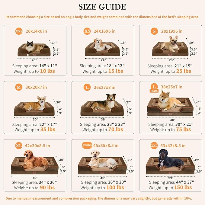 Comfort Expression Orthopedic Dog Bed for Medium Dogs 28x19 Inch, Waterproof Supportive Egg Crate Foam Medium Pet Bed with Removable Bolsters, Dog Couch with Washable Cover & Non-Slip Bottom, Brown