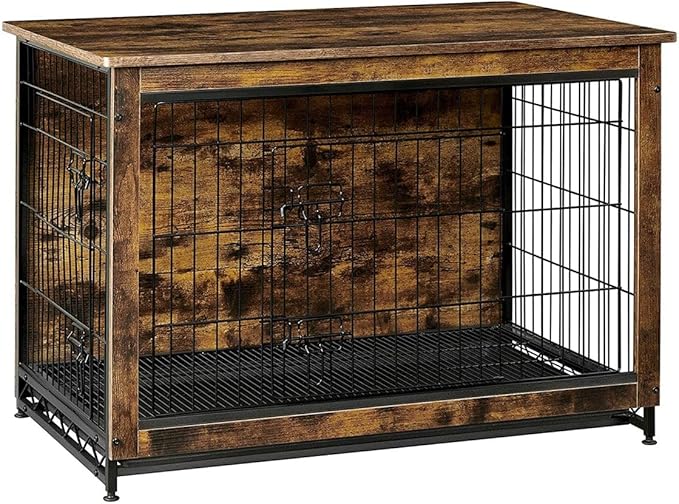 Feandrea 38.6" Dog Crate Furniture, Indoor Dog Cage Side End Table, XL Pet Wood Kennel for Large and Medium Dogs up to 70 lb with Multi-Purpose Removable Tray, Double-Door Pet House, Rustic Brown