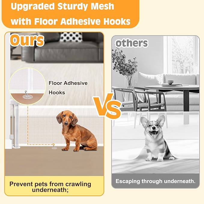 Short Dog Gate,14" Tall Retractable Baby Gate to Step Over, Puppy Mesh Pet Gates Doggy for Doorways Stairs, Extends up to 59" Wide for Kitchen Hallways Indoor,- NOT for Jumpers - Drilling Required
