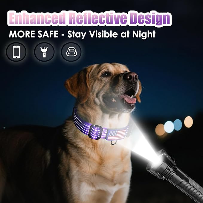 Martingale Dog Collar, Reflective No Pull Training Collar with Quick Release Buckle & USA Flag, Heavy-Duty Nylon, Adjustable for Small Medium Large Dogs (L,Purple with Flag