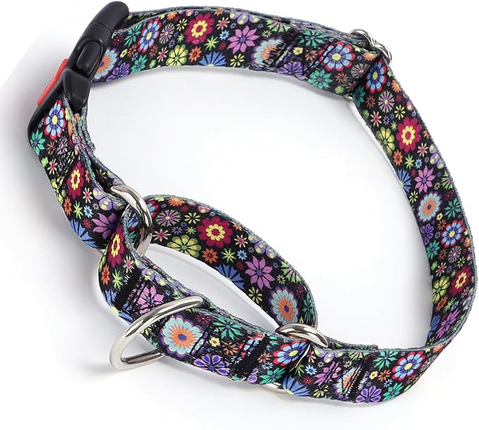 Martingale Dog Collars for Medium Dogs, No Slip Escape Proof Limited Choke Pinch Pet Collars Quick Release Buckle with Lock for Small Medium Large Breed Dogs, Colorful Flowers M