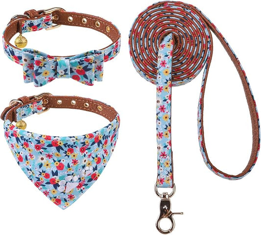 EXPAWLORER Dog Collar and Leash Set - Embroidery Floral Dog Bow Tie and Bandana Collar with Bell, Cute Flower Pet Collars and Rotating Leash No Tangle for Outdoor Walking, Blue S