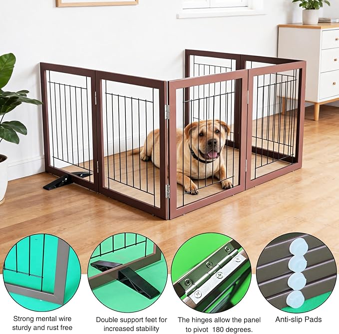 ZJSF Freestanding Dog Gate Indoor, Foldable Dog Fence for Doorways,Hallways or Stairs, Sturdy Wood Extra Wide Pet Gate with Support Feet,Brown,24 "Height-6 Panels