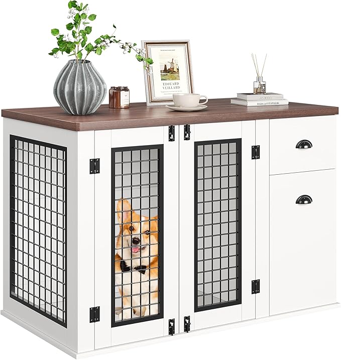 Dog Crate Furniture, Pet Kennel for Small to Medium Dogs, White Wooden Pet House with Drawers and Side Cabinets, Multi-Functional Dog Cage for Indoor Use