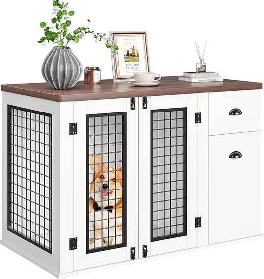 Dog Crate Furniture, Pet Kennel for Small to Medium Dogs, White Wooden Pet House with Drawers and Side Cabinets, Multi-Functional Dog Cage for Indoor Use