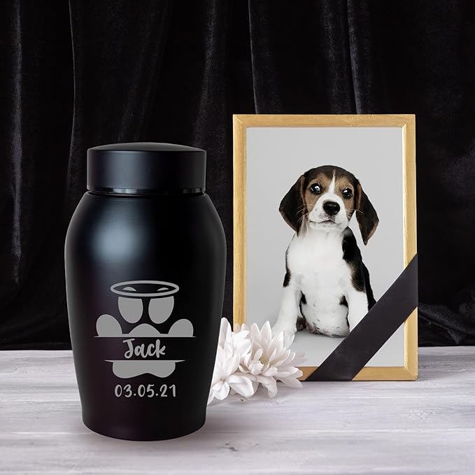 Personalized Cremation Keepsake Pet Ashes Urn Waterproof with Airtight Closure Customized Text Engraving Vase Container Memorial Dog Cat Funeral Decorative (Monogram paw with Halo)