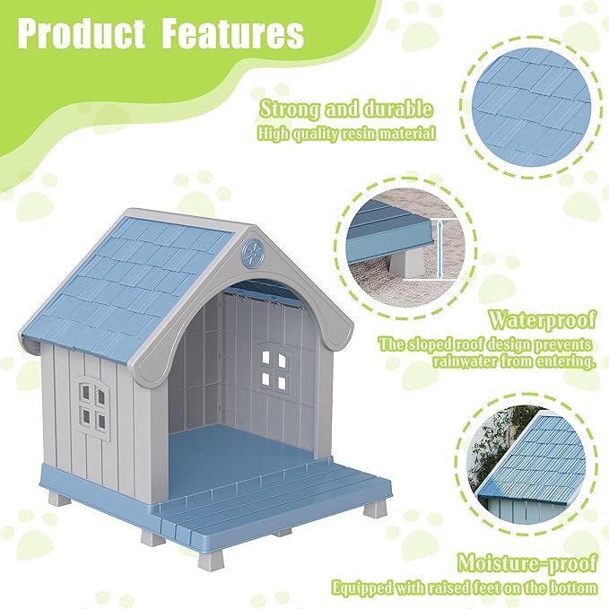 DRATO Large Dog House Outdoor Indoor, Sturdy Plastic Waterproof Doghouse with Air Vents and Elevated Floor, Easy Clean & Assemble for Medium Large Dogs (Blue, 33" L×31.5" W×38" H)