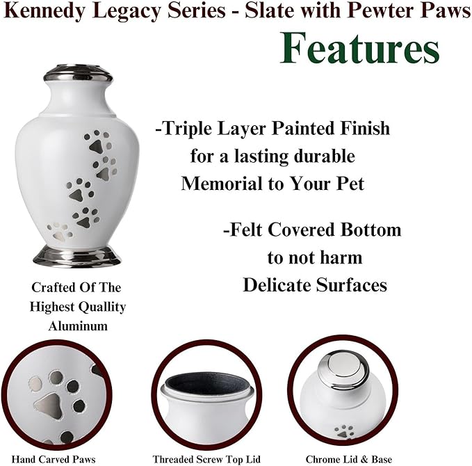 Kennedy Paws Series Pet Urn for Dogs, Handmade Aluminum Memorial Cremation Urn (Large - Pets up to 115 lbs, Cloud White)