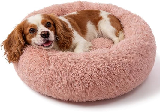 Calming Dog Bed for Medium Dogs Washable Donut 30 inches Anti-Slip Pet Bed,Round Fluffy Plush Faux Fur Cat Bed,Fits up to 45 lbs Pets,Pink