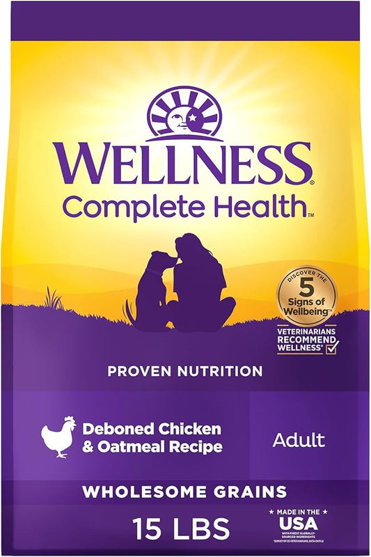 Wellness Complete Health Dry Dog Food, Wholesome Grains, Natural, Chicken & Oatmeal Recipe, (15-Pound Bag)
