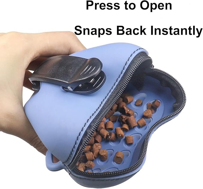 Silicone Dog Treat Pouch with Shoulder Strap and Waist Clip, Zipper Closure Closure to Avoid Spilling, Treat Pouches for Pet Training (Blue)