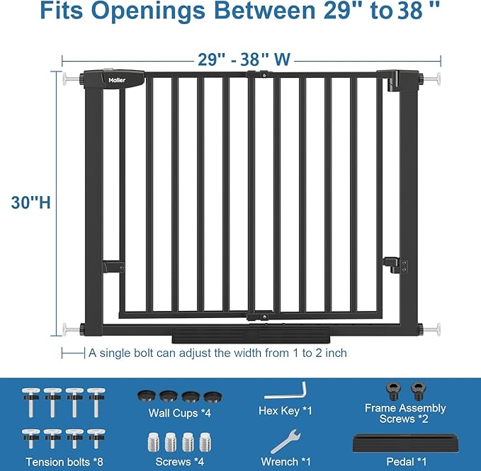 Malier Newest Baby Gate for Stairs with Large Walk Thru Door, 29-38" No Drill Pressure Mounted Dog Gate for Doorway, Auto Close Baby Gate, Easy Walk Through Gate Pet Gate for Child and Pets
