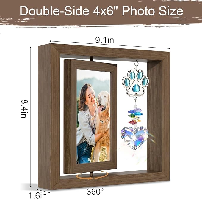Dog Memorial Gifts for Loss of Dogs, Dog Memorial Picture Frame, 4x6 Photo Rotating Wooden Frame, Loss of Dogs Sympathy Gift with Paw & Heart Pendant
