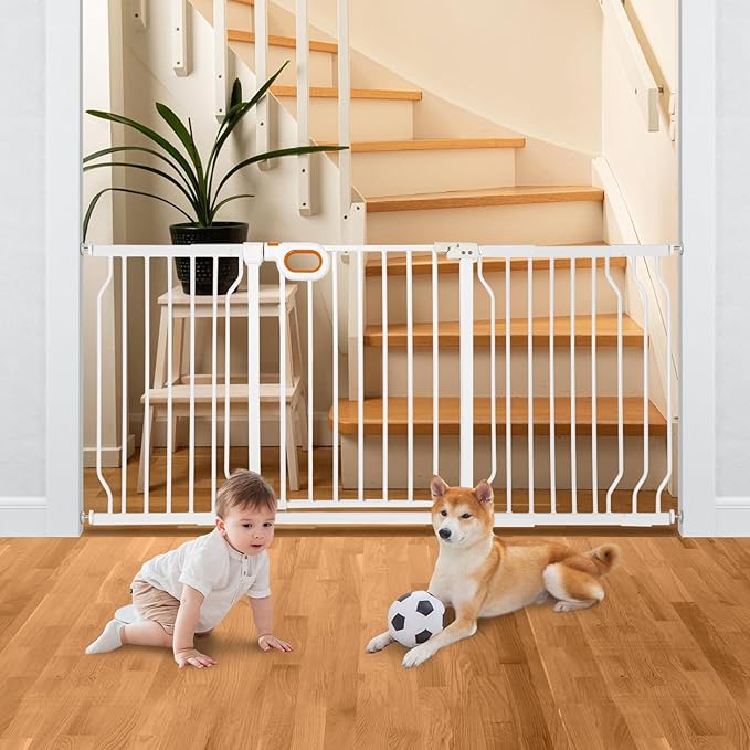 owlie Stair Baby Gate 57-66 Inch, Extra Wide Safety Gate for Baby Pet Adjustable Dog Gates Indoor Extra Wide Gates Pressure Mounted for Toddler Pet for House Stairway Doorway White (30.5'' Tall)