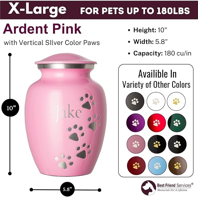 Ottillie Paws Premier Series Pet Urn for Dogs with Personalized Laser Engraving (X-Large - Pets up to 170 lbs, Ardent Pink with Vertical Pewter Paws)