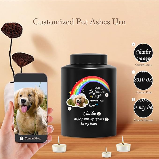 Custom Urns for Dogs Cats Ashes Personalized Memorial Pet Urn with Name and Photo Pet Cremation Urn for Loss of Dog or Cats Engraved Pet Funeral Urn (Rainbow)
