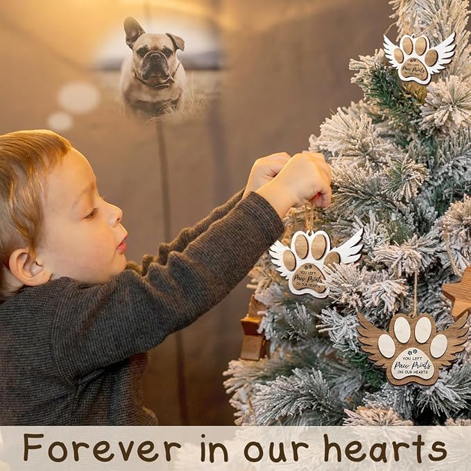 Pet Memorial Ornament, White Christmas Decor, Gifts for Loss of Dog, Angel Wings Wooden Ornaments, You Left Paw Prints on Our Hearts, Dog Passing Away Gift, Puppy Heaven