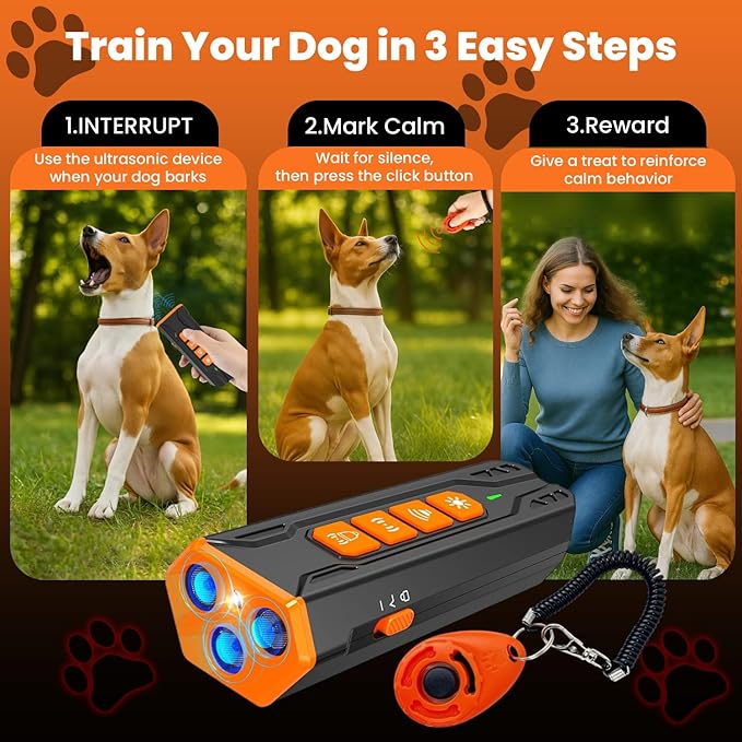 Dog Bark Deterrent Device with Training Clicker, 3X Ultrasonic Anti Barking Device for Dogs, 23FT Long Range, 6 Adjustable Modes, Rechargeable Stop Barking Dog Devices for Small, Medium & Large Dogs