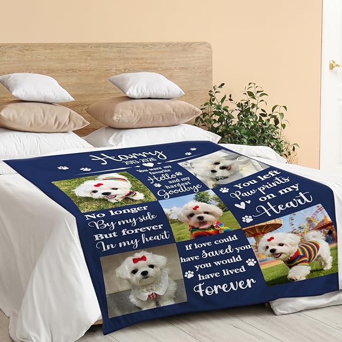 Custom Dog Memorial Blanket with Photos, Pet Memorial Gifts for Dogs, Personalized Dog Blanket with Picture Name, Sympathy Bereavement Remembrance Gifts for Pet Lovers, Cat Passing Away Gifts