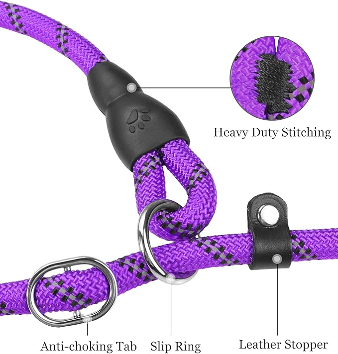 TagME Slip Leads for Dogs that Pull, 6 FT No-Pull Training Leash with Lock, Escape-Proof Design, Reflective & Padded Handle for Medium Dogs, Purple
