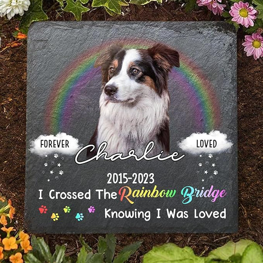 Wrappiness Pet Memorial Stone - I Crossed The Rainbow Bridge, Personalized Dog Memorial Gifts, Remembrance Condolences Bereavement Gifts for Loss of Pet Custom Photo (Square 04, Stone)