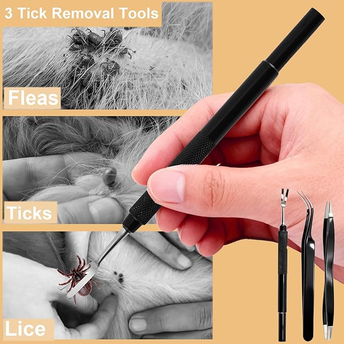 Tick Removal Tool,Tick Remover for Dogs,Premium Tick Twister Stainless Steel 3 PCS -Tick Tweezers/Tick Fork/Handy Tin with Case -Safe for Human & Pets (Black)