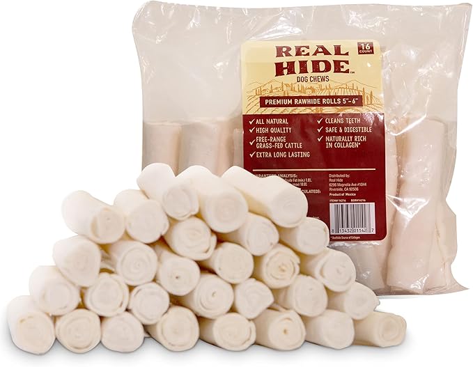 | All Natural Dog Chew Treats - Premium Rawhide Rolls, 5-6 Inch - Long Lasting Grass Fed Free Range Beef Hide - Small/Medium Dogs - 16 Count