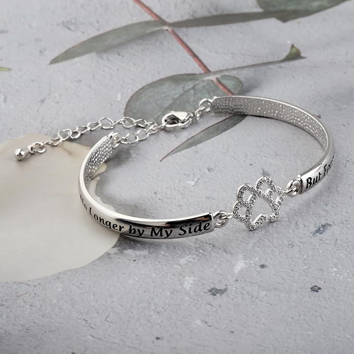 BEKECH Dog Memorial Bracelet No Longer by My Side But Forever in My Heart Crystal Paw Print Bracelet Loss of Pet Jewelry