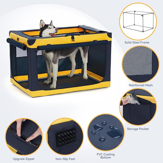 Soft-Sided Dog Crate 36 Inch Large by A4PET, Foldable Collapsible Soft Crate for Large Dogs, Breathable Mesh Panels, Washable, Patented Screw Frame, Portable Travel