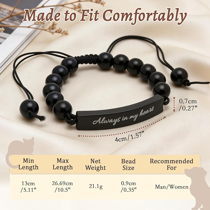 Dog Memorial Bracelet – Adjustable Pet Keepsake with Paw & Heart Charm, Sympathy & Remembrance Gift for Dog Loss, Cat & Pet Bereavement, Light Glossy