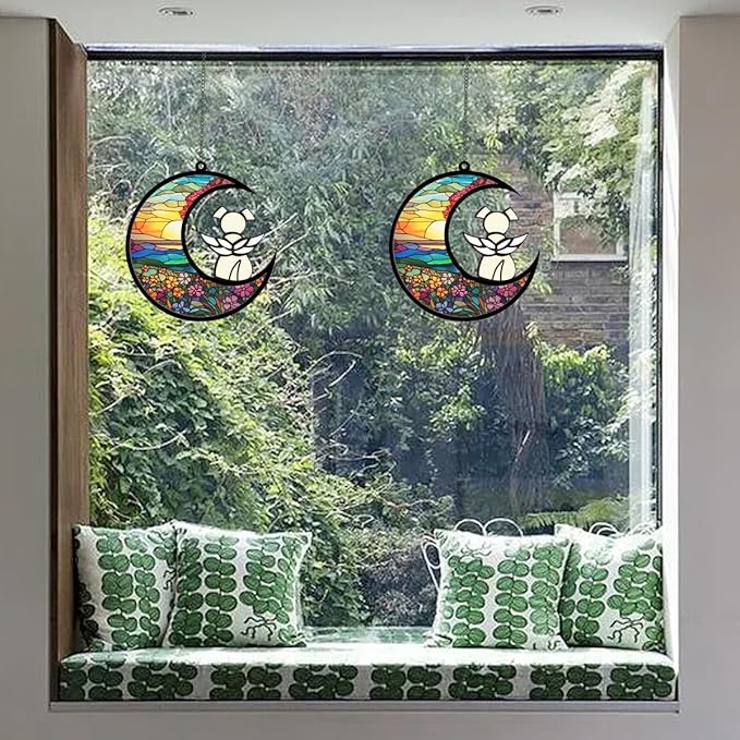 Memorial Pet Sympathy Suncatcher - White Angel Dog on Flower Moon Beverage Acrylic Ornament - Window Wall Decor Gift for Dog Lover