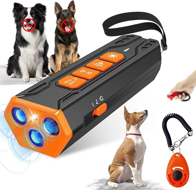 Dog Bark Deterrent Device with Training Clicker, 3X Ultrasonic Anti Barking Device for Dogs, 23FT Long Range, 6 Adjustable Modes, Rechargeable Stop Barking Dog Devices for Small, Medium & Large Dogs