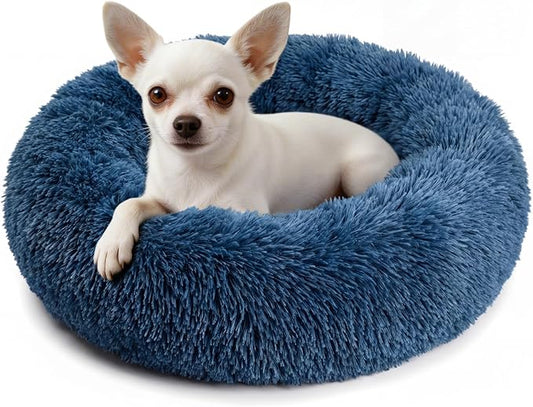 Calming Donut Dogs Beds for Small Dogs Washable,19inch Fluffy Round Puppy Bed for Puppies,Cats & Toy Breeds with Raised Rim,Fits up to 15 lbs Pets,Navy Blue