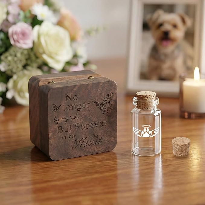 SOITIS Engraving Small Pet for Dogs Cats Urns for Ashes Wooden Box, Small Glass Urn for Pets Ashes Keepsake, Pet Urns for Ash Customized Funeral Keepsake Urn for Dog Ashes