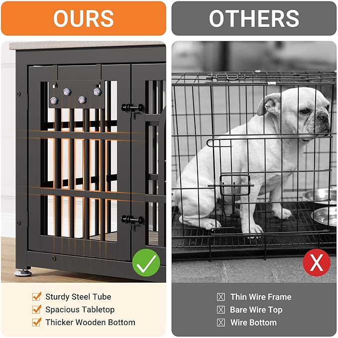 Dog Crate Furniture with Name Tag, Dog Kennel Indoor with 360° Rotating Feeder and Adjustable Heights Bowls, Wooden Decorative Pet Cage End Table for Small Dogs, Grey 31.5" L