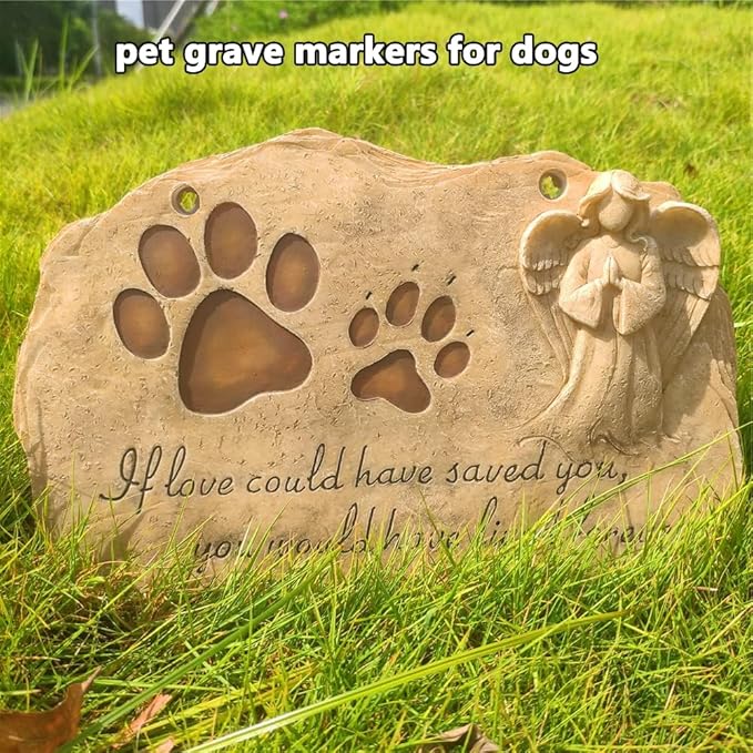 jinhuoba Pet Dog Memorial Stones Headstones Plaques with Angel, Sympathy Paw Prints Pet Dog Memorial Gifts Loss Gifts Remembrance Gift Grave Stones for Dogs or Cats Outdoors, 11" x 7.5"